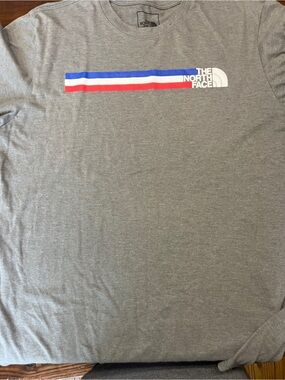 The North Face Gray Tee with Red, White & Blue Chest Stripes